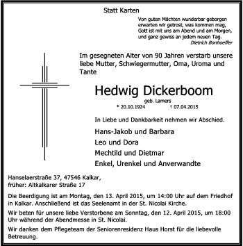 Traueranzeige von Dickerboom Hedwig von Rheinische Post