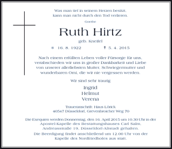 Traueranzeige von Hirtz Ruth von Rheinische Post