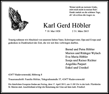 Traueranzeige von Gerd Höbler Karl von Rheinische Post