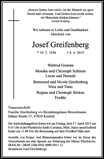 Traueranzeige von Greifenberg Josef von Rheinische Post