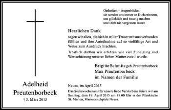 Traueranzeige von Preutenborbeck Adelheit von Rheinische Post