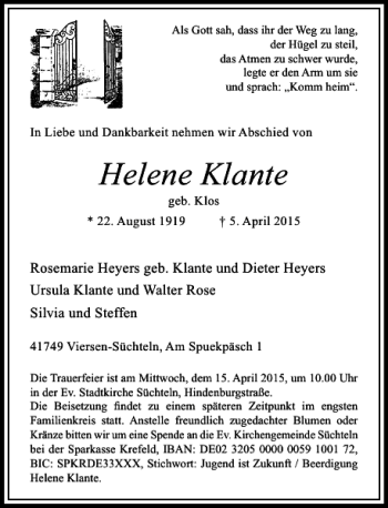 Traueranzeige von Klante Helene von Rheinische Post