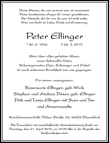 Traueranzeige von Ellinger Peter von Rheinische Post