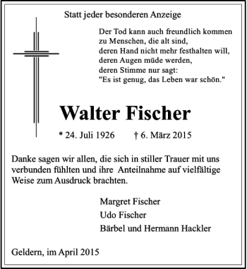 Traueranzeige von Fischer Walter von Rheinische Post