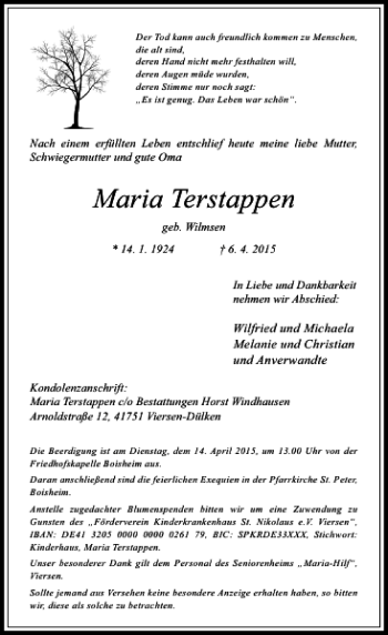 Traueranzeige von Terstappen Maria von Rheinische Post