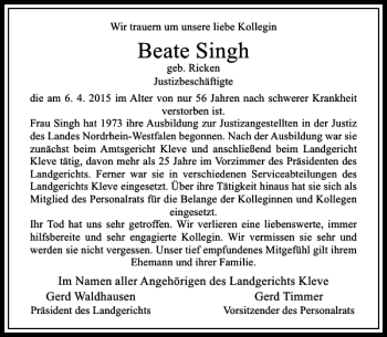 Traueranzeige von Singh Beate von Rheinische Post