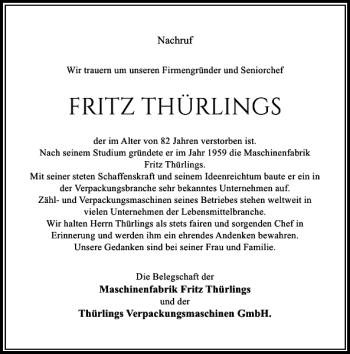 Traueranzeige von Thürlings Fritz von Rheinische Post