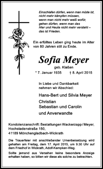 Traueranzeige von Meyer Sofia von Rheinische Post