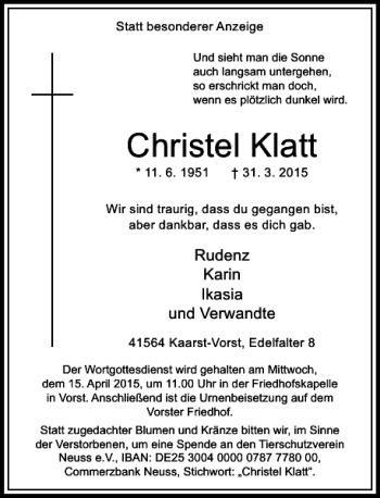 Traueranzeige von Klatt Christel von Rheinische Post