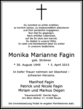 Traueranzeige von Marianne Fagin Monika von Rheinische Post