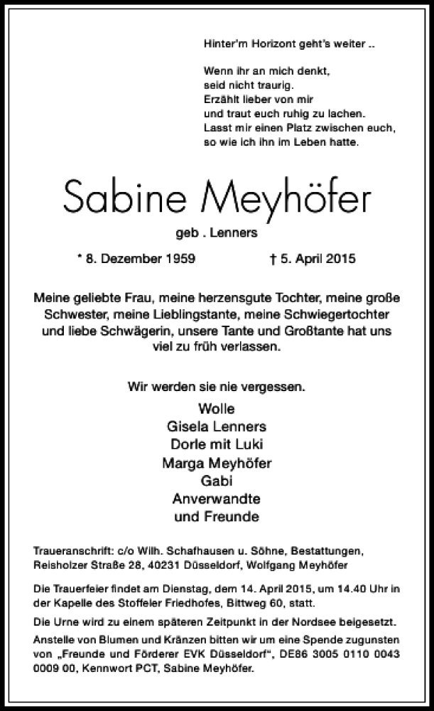  Traueranzeige für Meyhöfer Sabine vom 11.04.2015 aus Rheinische Post