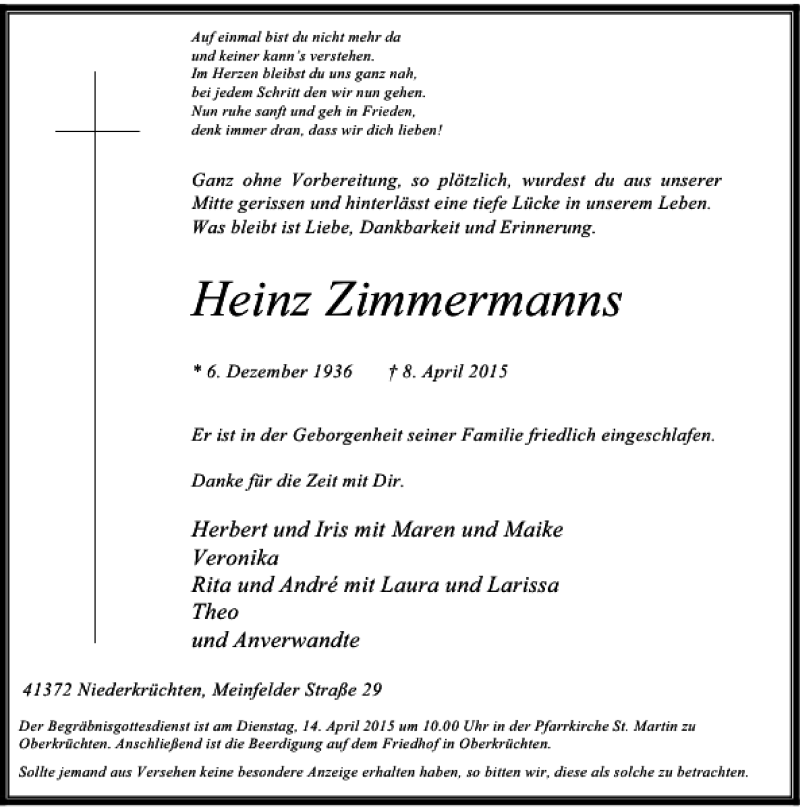  Traueranzeige für Zimmermanns Heinz vom 11.04.2015 aus Rheinische Post