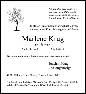 Traueranzeige von Krug geb. Sprenger Marlene von Rheinische Post