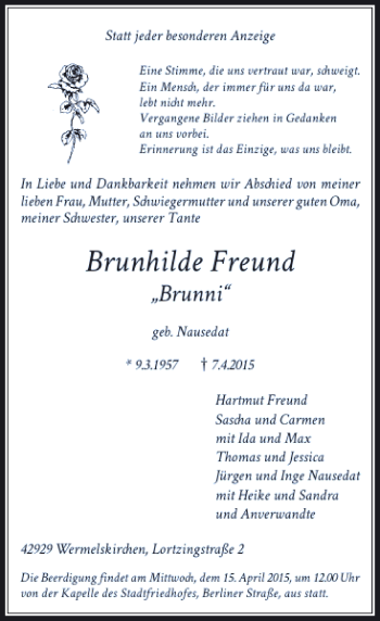 Traueranzeige von Freund Brundhilde von Rheinische Post