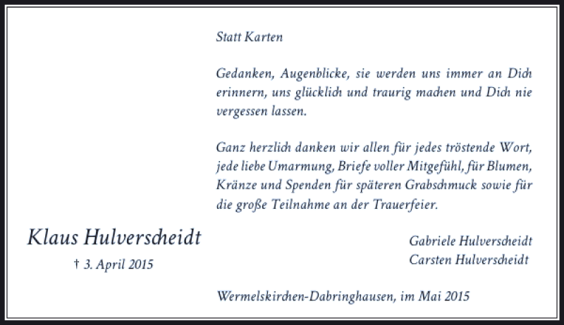  Traueranzeige für Hulverscheidt Klaus vom 11.04.2015 aus Rheinische Post