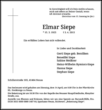 Traueranzeige von Siepe Elmar von Rheinische Post