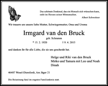 Traueranzeige von van den Bruck Irmgard von Rheinische Post