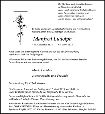 Traueranzeige von Ludolph Manfred von Rheinische Post