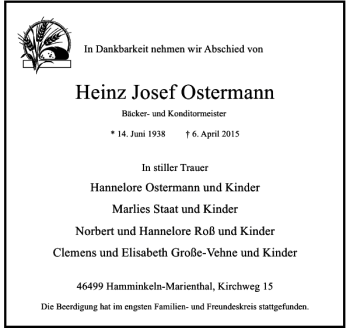 Traueranzeige von Josef Ostermann Heinz von Rheinische Post