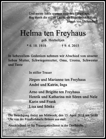 Traueranzeige von ten Freyhaus Helma von Rheinische Post