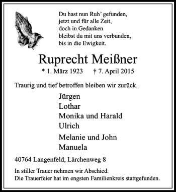 Traueranzeige von Meißner Ruprecht von Rheinische Post