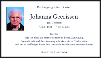 Traueranzeige von Geerissen Johanna von Rheinische Post