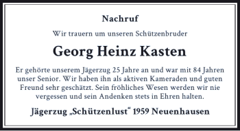 Traueranzeige von Heinz Kasten Georg von Rheinische Post