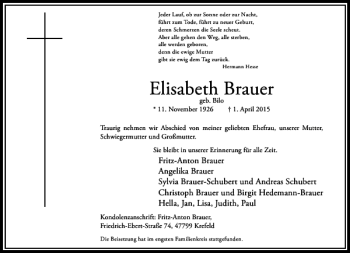 Traueranzeige von Brauer Elisabeth von Rheinische Post
