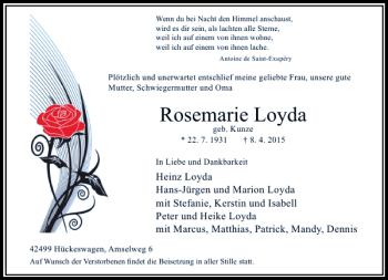 Traueranzeige von Loyda Rosemarie von Rheinische Post