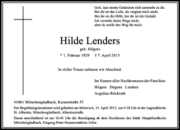 Traueranzeige von Lenders Hilde von Rheinische Post