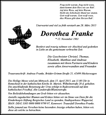Traueranzeige von Franke Dorothea von Rheinische Post