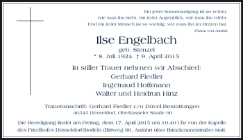 Traueranzeige von Engelbach Ilse von Rheinische Post