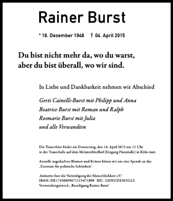 Traueranzeige von Burst Rainer von Rheinische Post