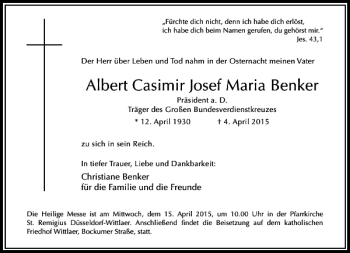 Traueranzeige von Casimir Josef Maria Benker Albert von Rheinische Post