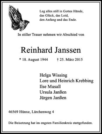 Traueranzeige von Janssen Reinhard von Rheinische Post