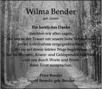 Traueranzeige von Bender Wilma von Rheinische Post