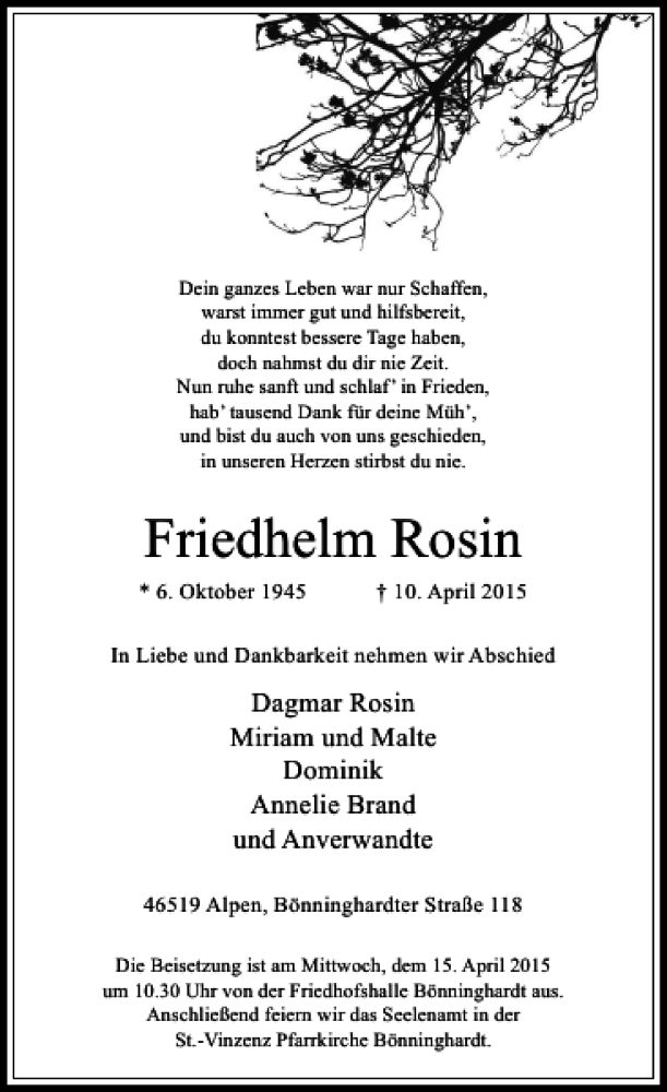  Traueranzeige für Rosin Friedhelm vom 11.04.2015 aus Rheinische Post