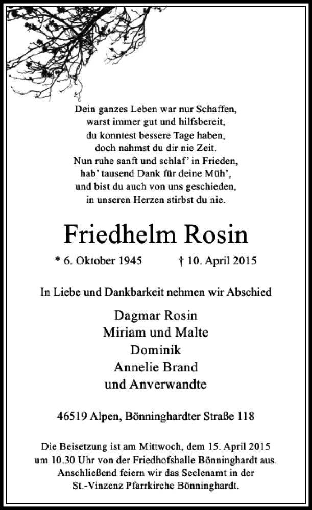  Traueranzeige für Rosin Friedhelm vom 13.04.2015 aus Rheinische Post