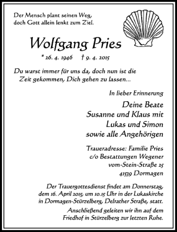 Traueranzeige von Pries Wolfgang von Rheinische Post