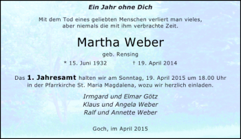 Traueranzeige von Weber Martha von Rheinische Post