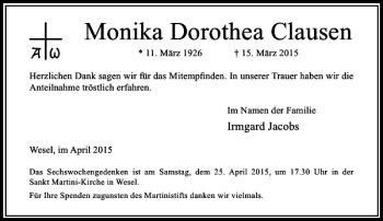 Traueranzeige von Dorothea Clausen Monika von Rheinische Post