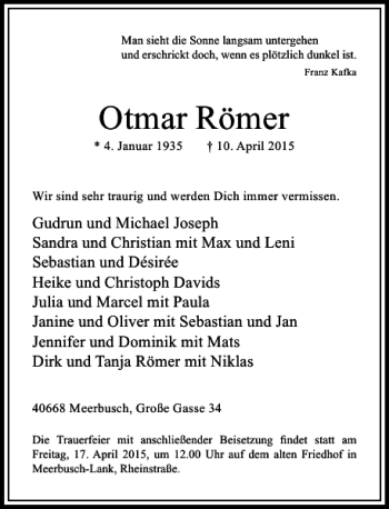 Traueranzeige von Römer Otmar von Rheinische Post