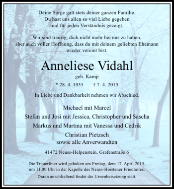 Traueranzeige von Vidahl Anneliese von Rheinische Post