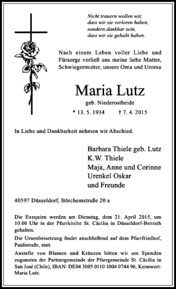 Traueranzeige von Lutz Maria von Rheinische Post