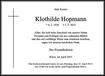 Traueranzeige von Hopmann Klothilde von Rheinische Post