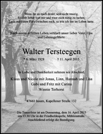 Traueranzeige von Tersteegen Walter von Rheinische Post