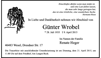 Traueranzeige von Wrobel Günter von Rheinische Post