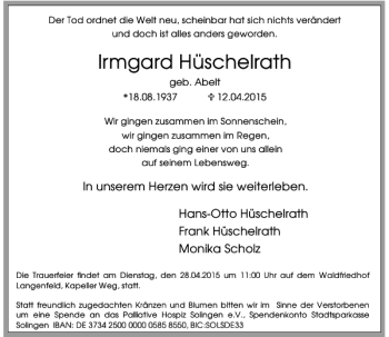 Traueranzeige von Hüschelrath Irmgard von Rheinische Post