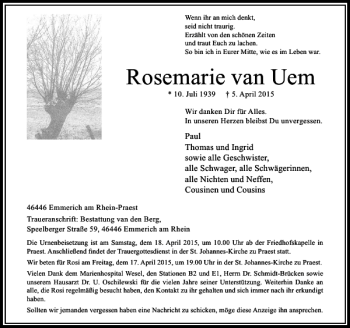 Traueranzeige von van Uem Rosemarie von Rheinische Post