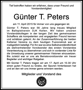 Traueranzeige von T. Peters Günter von Rheinische Post